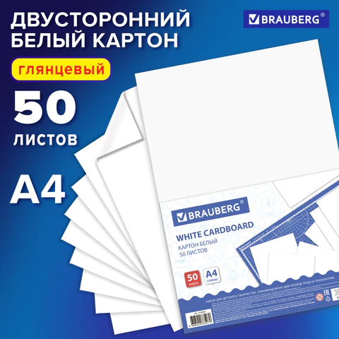 Картон белый А4 МЕЛОВАННЫЙ (белый оборот), 50 листов, в коробке, BRAUBERG, 210х297 мм, 113563