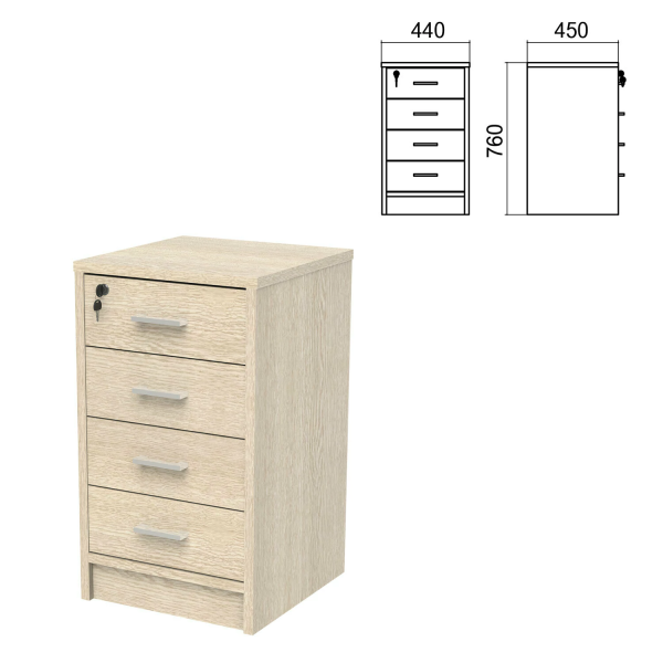Тумба приставная  "Арго", 440х450х760 мм, 4 ящика, замок, ясень шимо