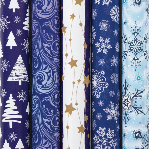 Бумага упаковочная новогодняя 70х100 см ЗОЛОТАЯ СКАЗКА "Blue Collection", 5 дизайнов, 70 г/м2