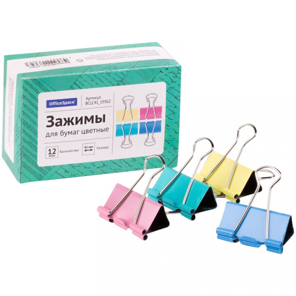 Зажимы для бумаг 41мм OfficeSpace, 12шт., цветные, картонная коробка Зажимы для бумаг 41мм OfficeSpace, 12шт., цветные, картонная коробка
