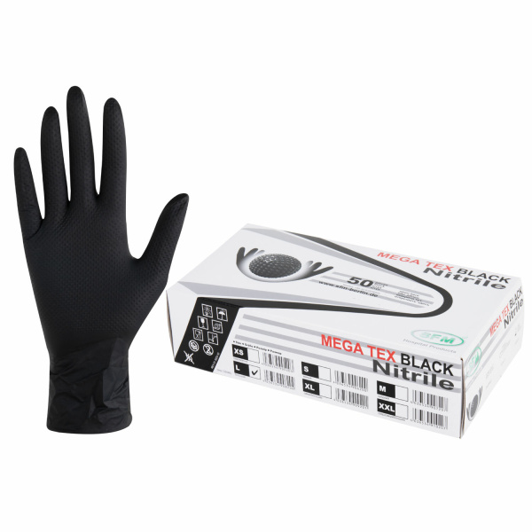 Перчатки нитриловые сверхпрочные с текстурой SFM MEGA TEX BLACK 25 пар (50 штук), размер L (большой) Перчатки нитриловые сверхпрочные с текстурой SFM MEGA TEX BLACK 25 пар (50 штук), размер L (большой)