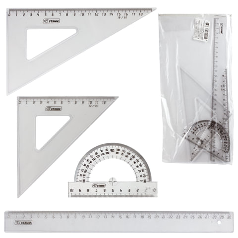 Набор чертежный большой СТАММ (линейка 30см, треугольник 2шт., транспортир), прозрачный, НГ15