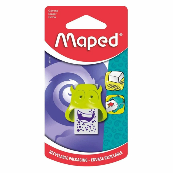 Ластик MAPED Little Monster, 65х12,5х18мм, пластиковый футляр в виде монстра, ассорти,блистер,127710