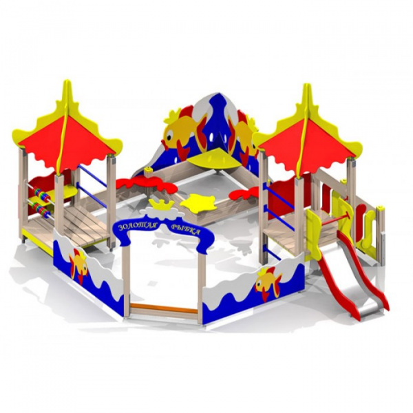 Песочный дворик с горкой "Золотая рыбка", от 2 лет, деревянный брус, 4050х4785 мм, Н=3050 мм