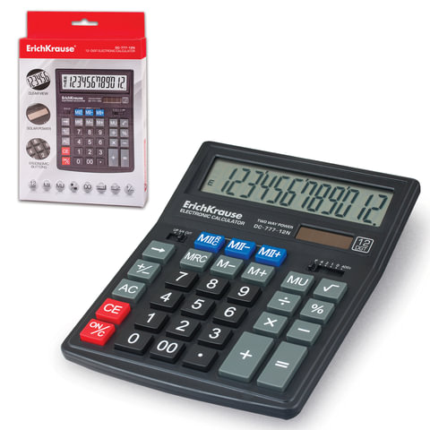 Калькулятор ERICH KRAUSE настольный DC-777-12N, 12 разрядов,двойное питание,2 памяти,148х198мм,37772