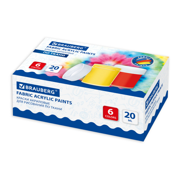 Краски акриловые по ткани BRAUBERG 6 цветов по 20 мл, 191608 