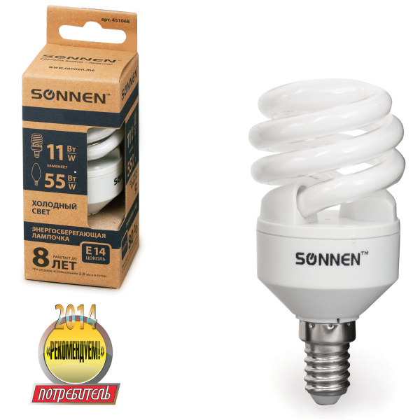 Лампа люминесц. энергосбер. SONNEN ECO Т2, 11(55)Вт, цоколь E14, 8000ч, хол. свет, 451068