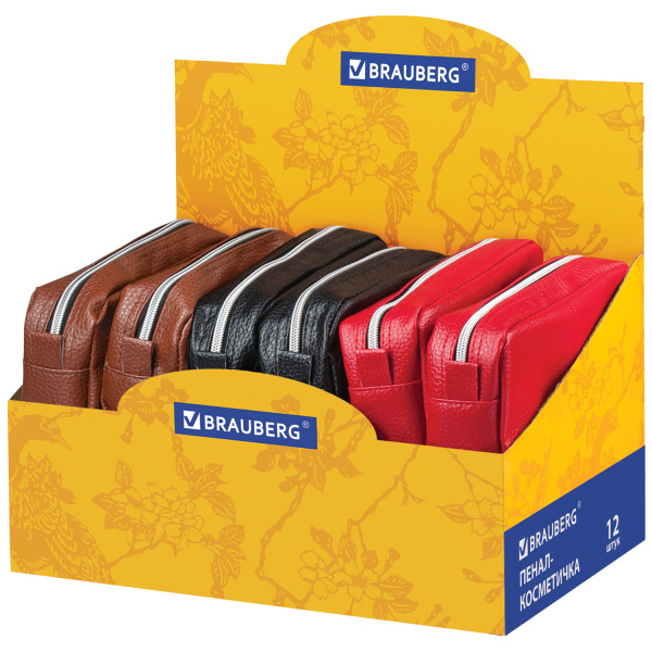 Пенал-косметичка BRAUBERG под фактур. кожу, ассорти, коричн/красный/черный, 19*9*4см, дисплей,224035