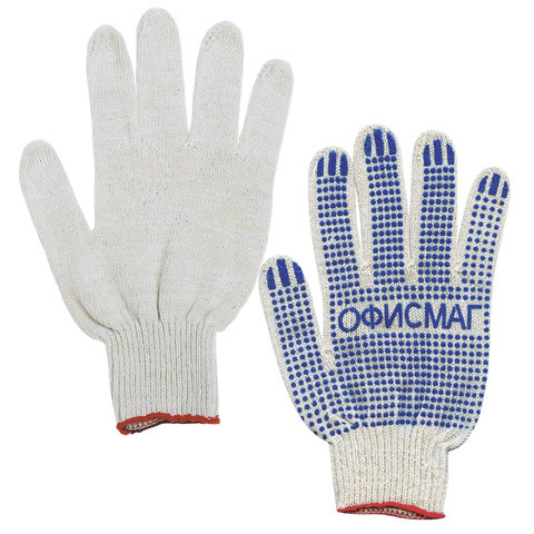Перчатки хлопчатобумажные, 10 класс, 32-34 г, 83 текс, ПВХ точка, ОФИСМАГ, БЕЛЫЕ
