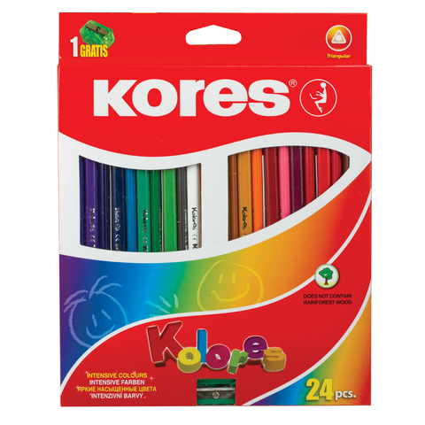 Карандаши цветные KORES "Kolores" 24цв., трехгр., с точил., заточен., в картон.упак.с европ., 93324.