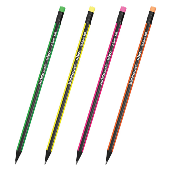 Карандаш ч/гр ERICH KRAUSE "Vivo", HB, трехгранный, с резинкой, черн.дерево, корпус ассорти, 328674