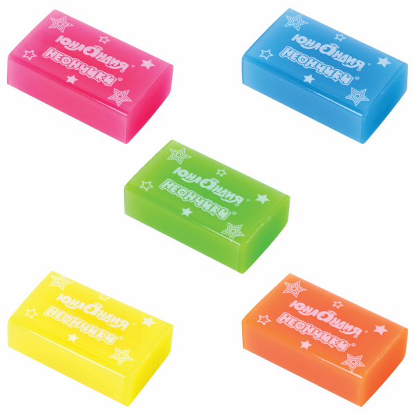 Ластик ЮНЛАНДИЯ "НЕОНЧИКИ", 38х24х12 мм, цвет ассорти, прямоугольный, экологичный ПВХ, 228077