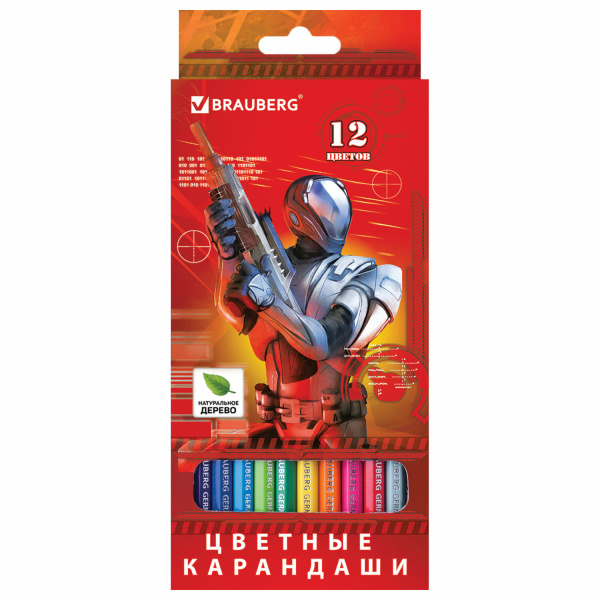 Карандаши цветные BRAUBERG "Star patrol" (Солдаты будущего) 12цв, заточенные, карт.упаковка, 180532