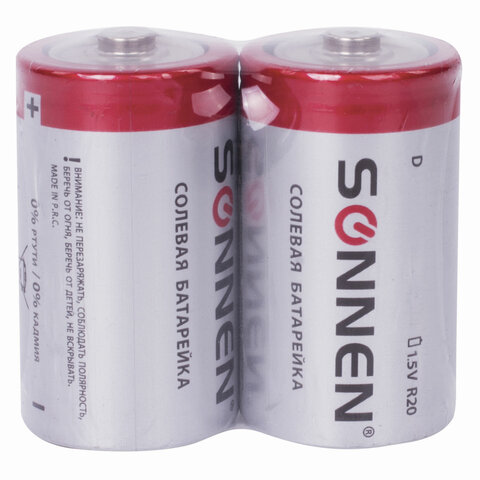 Батарейки SONNEN, D (R20), солевые, в блистере, 1,5 В