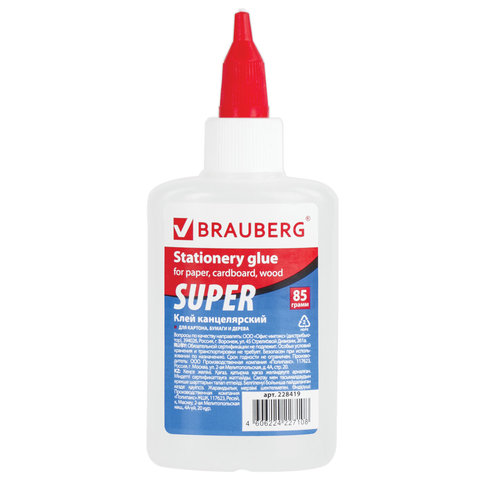 Клей канцелярский BRAUBERG-СУПЕР (для бумаги, картона, дерева), 85 г