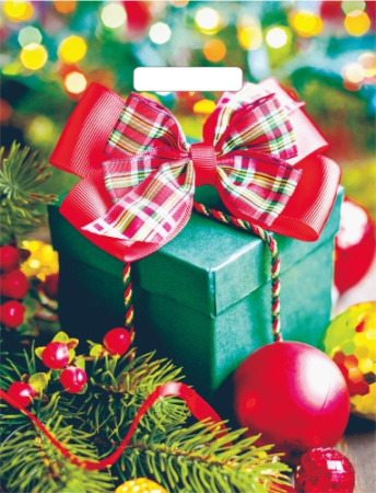 Пакет ПЭ с вырубной ручкой 31х40см (60) НГ (Зеленый подарок) ,глянцевый  ВУР56597