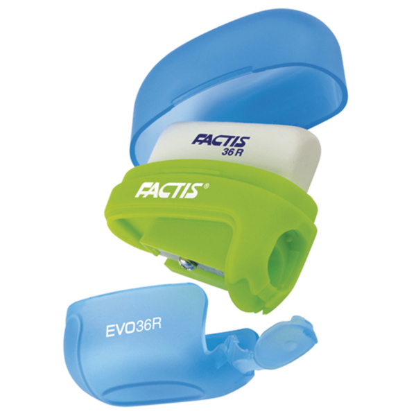 Точилка FACTIS EVO36R (Испания), с контейнером и стирательной резинкой, 50x50x25 мм, ассорти, F47071