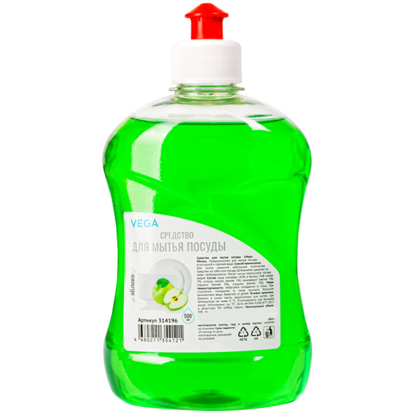 Средство для мытья посуды Vega 500мл, "Яблоко", пуш-пул