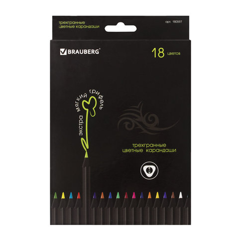 Карандаши цветные BRAUBERG "Black Jack" (Блек Джек), 18 цв., трехгранные, черное дерево