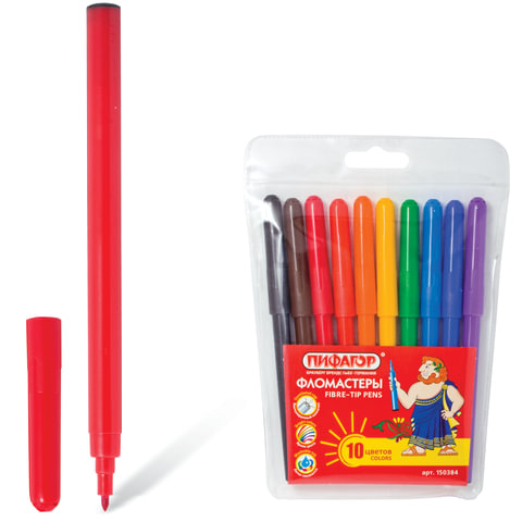 Фломастеры  ПИФАГОР 10 цв., вент.колп, пласт.упак, европодвес, гарантия - 3года, 150384 (Болгария)