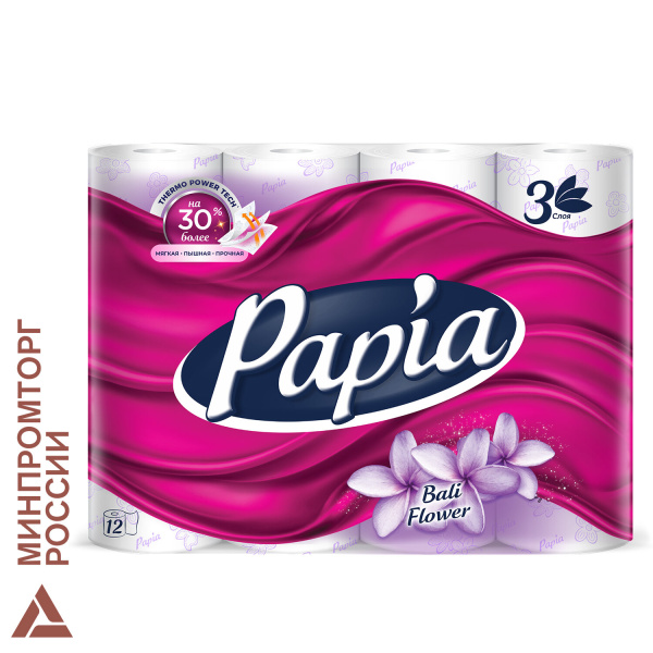 Бумага туалетная быт., спайка 12 шт., 3-слойная (12х16,8 м), PAPIA, Балийский цветок, ш/к 00839