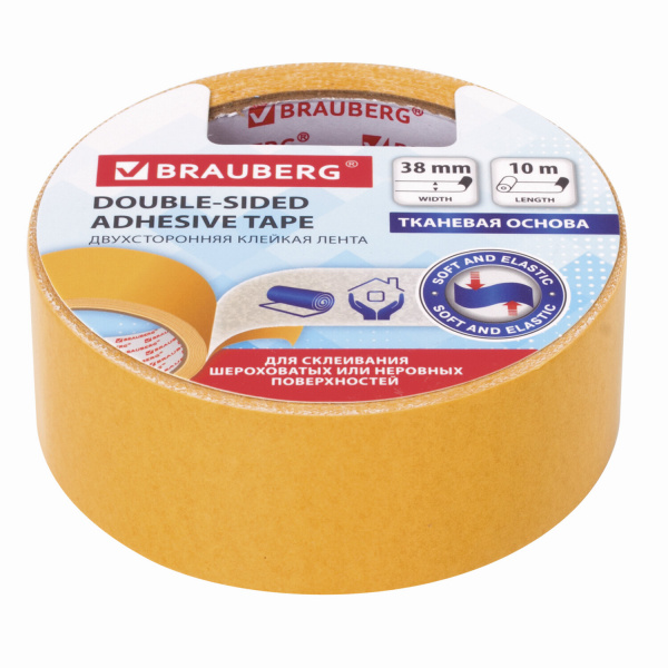 Клейкая лента двусторонняя 38мм*10м, тканевая основа, BRAUBERG