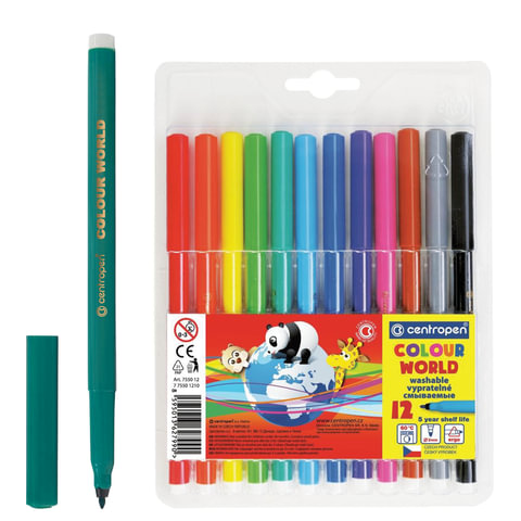 Фломастеры CENTROPEN "Color World", 12 цветов, эргономичная форма, смываемые, вентилируемый колпачок