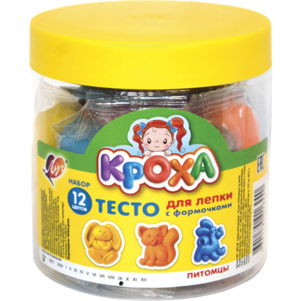 Тесто для лепки с формочками ЛУЧ "Питомцы", 12 цветов, 3 формы, пластиковая банка, 30С 1901-08
