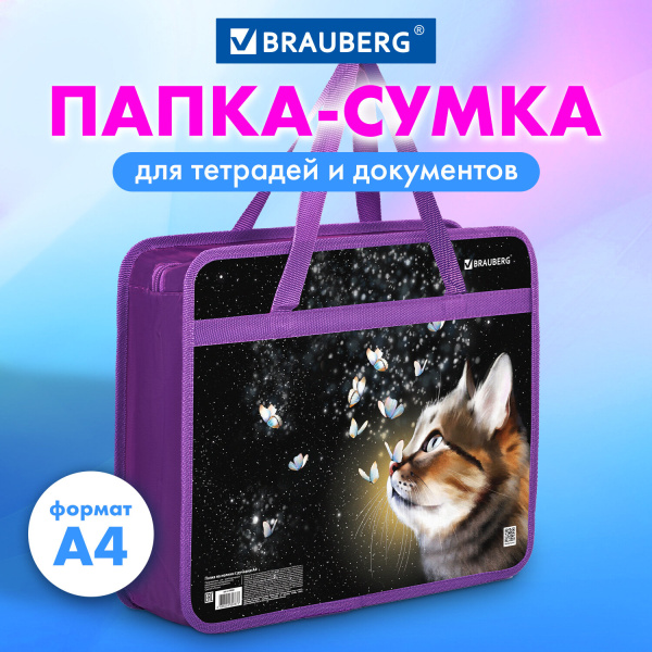 Папка на молнии с ручками BRAUBERG А4, 1 отделение, пластик, 80 мм, Dream cat, 270868