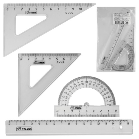 Набор чертежный малый СТАММ (линейка 16см,треугольник 2шт.,транспортир), тонир. прозрачный, НГ11