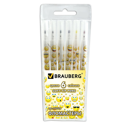 Фломастеры BRAUBERG "Smiles" (Смайлики), 6цв, вент.колп, корп. с печ, пласт.уп, ув.срок служ,150529