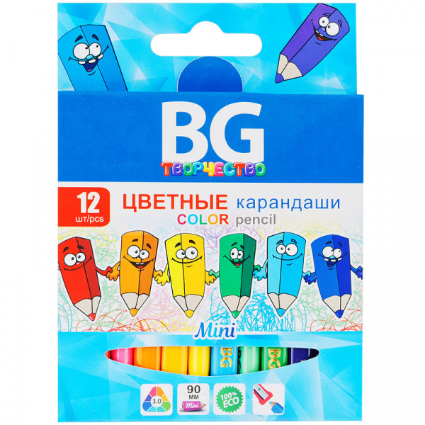 Карандаши цветные BG "Mini", 12цв., трехгранные, 3,0мм, заточенные, европодвес
