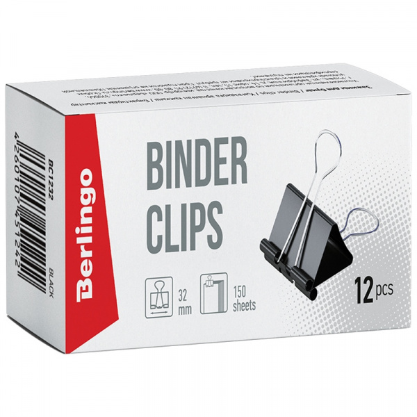 Зажимы для бумаг 32мм Berlingo, 12шт., черные, картонная коробка