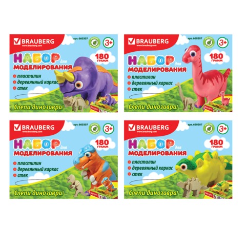Набор д/творчества BRAUBERG (пластилин 10цв 180г, стек, заготовка фигурки Динозавр ассорти),660307