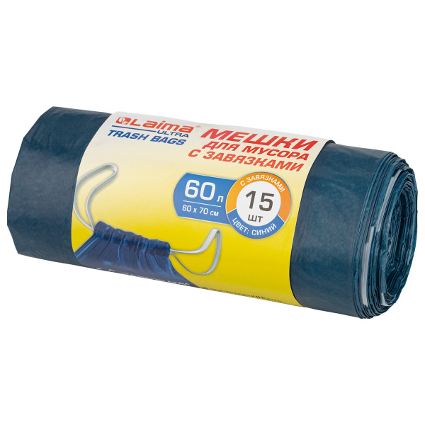 Мешки д/мусора 60л с завязками LAIMA "ULTRA" в рулоне 15шт., ПСД 30 мкм, синие