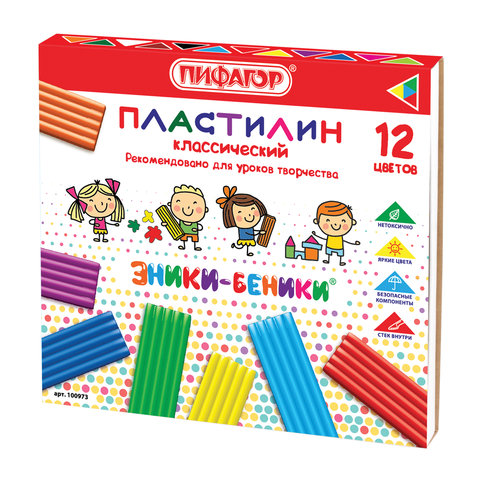 Пластилин классический ПИФАГОР "ЭНИКИ-БЕНИКИ", 12 цветов, 240 г, со стеком, картонная упаковка
