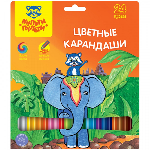 Карандаши Мульти-Пульти "Енот в Индии", 24цв., заточен., картон, европодвес