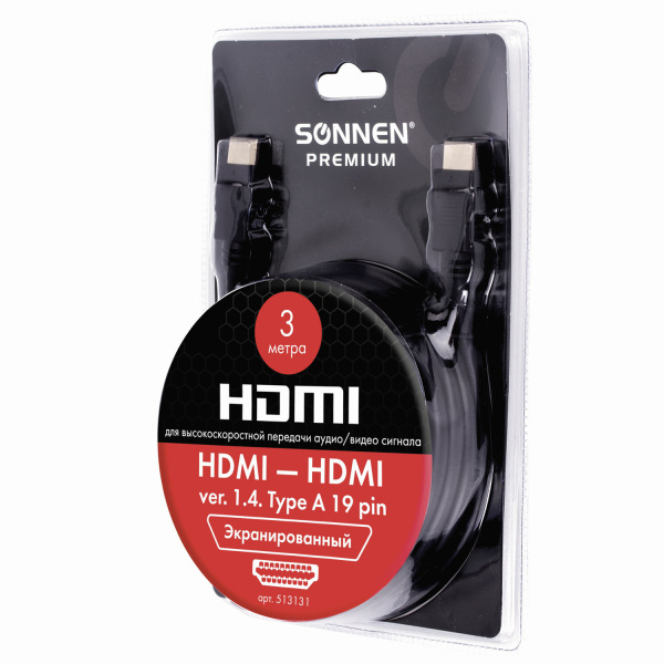Кабель HDMI AM-AM, 3м, SONNEN Premium, медь, для передачи аудио-видео,  экранированный, 513131 Кабель HDMI AM-AM, 3м, SONNEN Premium, медь, для передачи аудио-видео,  экранированный, 513131