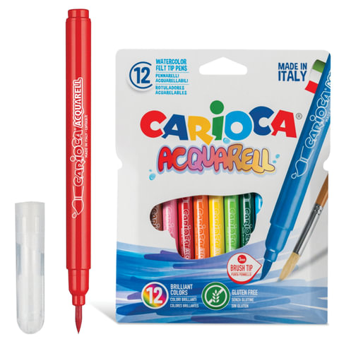 Фломастеры акварельные CARIOCA (Италия) "Aquarell", 12 цв, наконечник-кисть, смыв,карт.конверт,42747