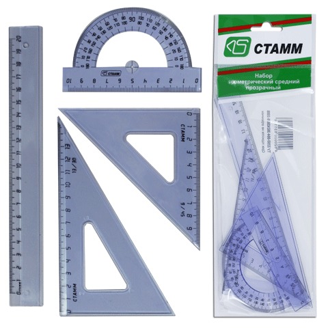 Набор чертежный средний (линейка 20 см, треугольник 2 шт., транспортир), тонир. прозрачный, НГ03