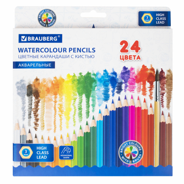 Карандаши цветные акварельные классические мягкие BRAUBERG 24 цвета с КИСТЬЮ, 181849