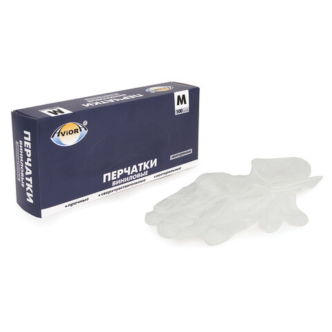 Перчатки виниловые 50 пар (100 штук), без х/б напыления, размер М (средний), AVIORA, 402-638
