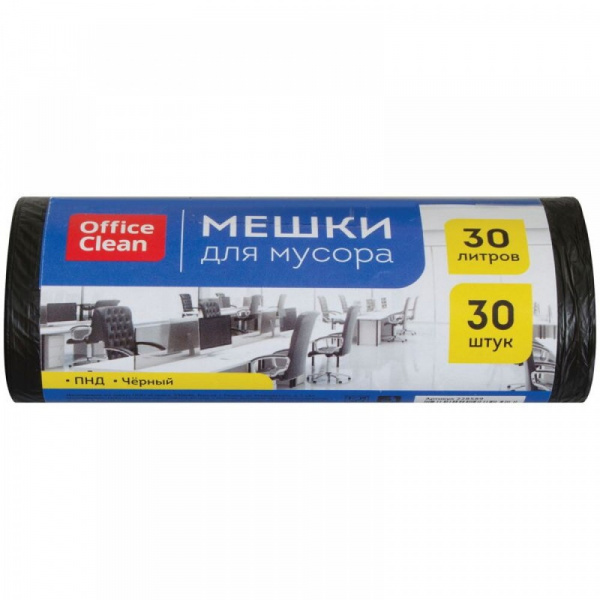 Мешки д/мусора 30л OfficeClean в рулоне 30шт. ПНД 6мкм, 48*55см, черные