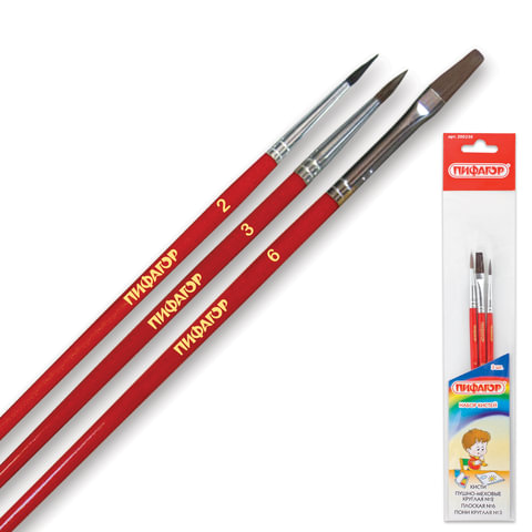 Набор кистей ПИФАГОР "Юный художник", набор 3шт.(пуш-мех кр.№2,пл.№6, пони кр.№3), уп. с подв,200230