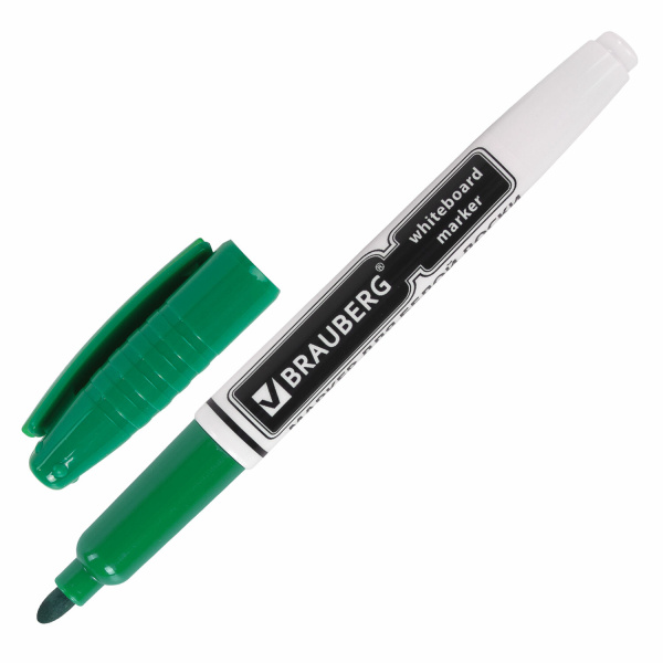 Маркер для доски BRAUBERG с клипом, эргономичный корпус, круглый наконечник 4 мм, зеленый, 150849
