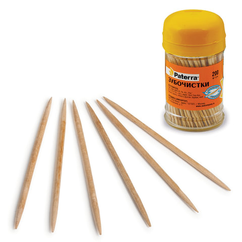 Зубочистки деревянные PATERRA, КОМПЛЕКТ 200 шт., в баночке, 401-623