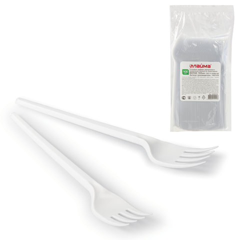 Вилка одноразовая пластиковая 165 мм, белая, КОМПЛЕКТ 100 шт., СТАНДАРТ, LAIMA, 603078