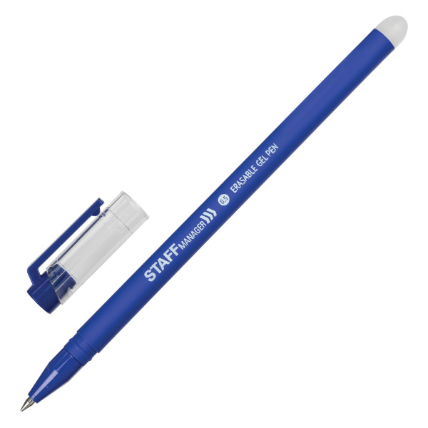 Ручка стираемая гелевая STAFF ERASE, СИНЯЯ, прорезиненный корпус, узел 0,5мм, линия 0,35мм, 143656