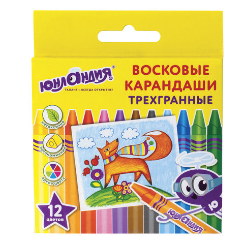 Восковые карандаши трехгранные ЮНЛАНДИЯ "ЮНЛАНДИК И МУДРЫЙ ЛИС", НАБОР 12 цв.,227289