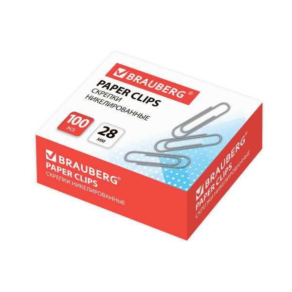 Скрепки BRAUBERG 28мм, никелированные, 100 шт., в картонной коробке, Россия